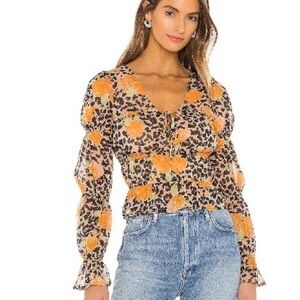 MAJORELLE Orange Floral Leopard-Print Long Sleeve Blouse